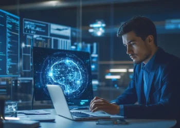 Homem em escritório moderno utiliza laptop e monitora gráficos digitais de inteligência artificial