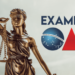 Estátua de bronze da Justiça segurando a balança à esquerda, acompanhada do texto "EXAME DA OAB" com o logotipo da Ordem dos Advogados do Brasil.
