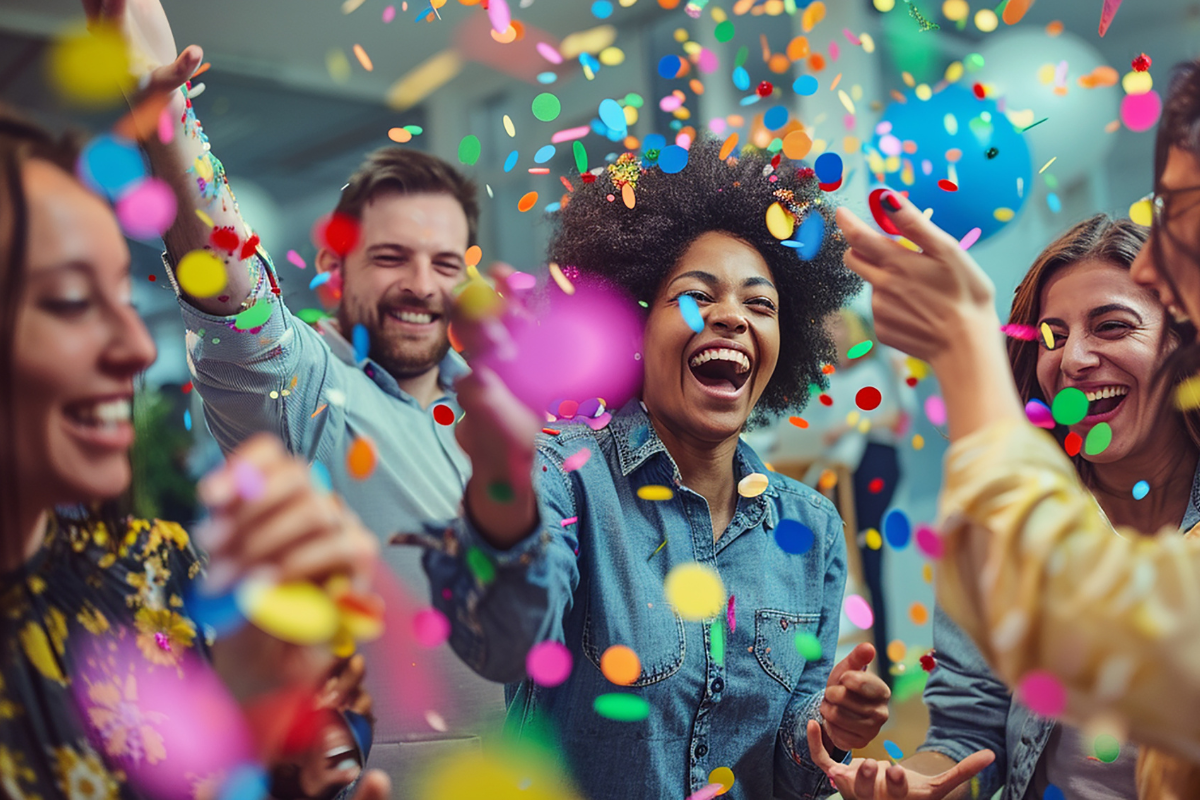 Feriado Carnaval 2026 Grupo de pessoas sorrindo e lançando confetes coloridos durante festa alegre em local fechado