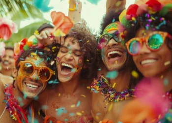 Grupo de amigos sorrindo e comemorando o Carnaval com confetes e fantasias coloridas ao ar livre.