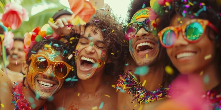 Grupo de amigos sorrindo e comemorando o Carnaval com confetes e fantasias coloridas ao ar livre.