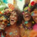 Grupo de amigos sorrindo e comemorando o Carnaval com confetes e fantasias coloridas ao ar livre.
