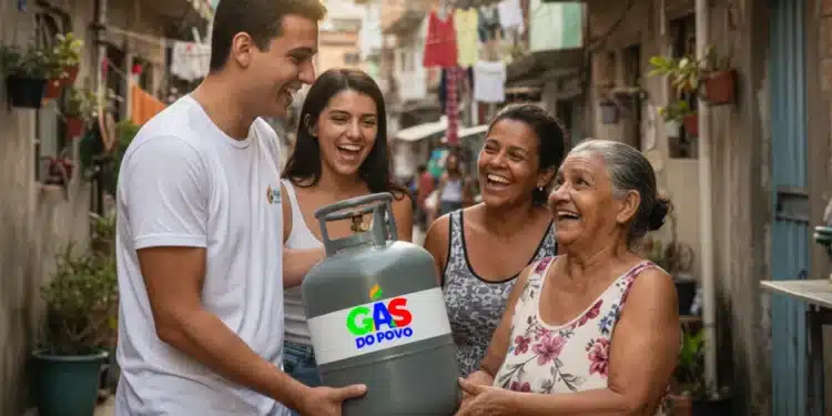 Jovem sorridente entrega botijão de gás a senhora em viela de comunidade popular