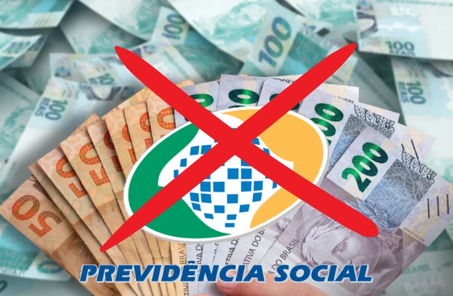 Quem não terá direito ao 13º salário do INSS em 2026 Imagem ilustrativa com símbolo do INSS riscado sobre cédulas de dinheiro, representando quem não terá direito ao 13º salário em 2026.