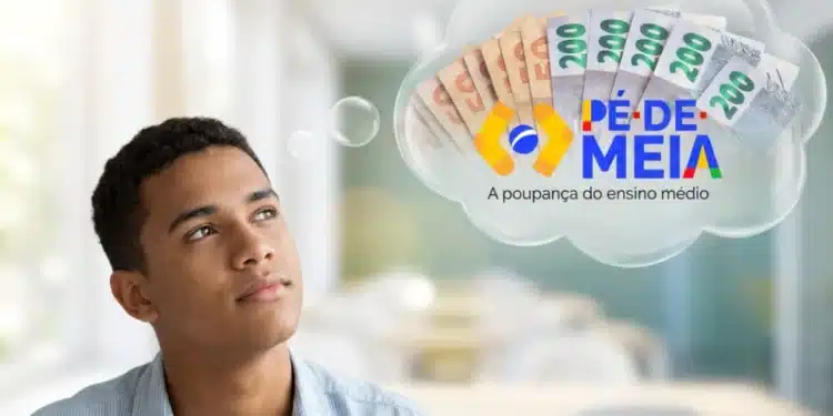 Jovem refletindo sobre o incentivo de R$ 1.000 do Pé-de-Meia pela conclusão do ensino médio, com notas de dinheiro visíveis.