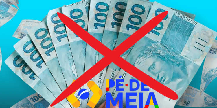 Notas de cem reais com símbolo do programa Pé-de-Meia e um X sobreposto indicando alerta sobre perda do incentivo-matrícula em 2026 para estudantes fora do prazo