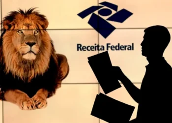 Leão e logotipo da Receita Federal, com referência ao prazo de entrega do informe de rendimento do IRPF 2026.