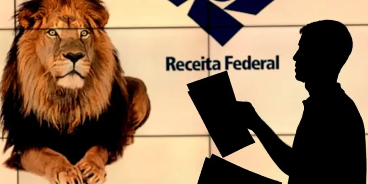 Leão e logotipo da Receita Federal, com referência ao prazo de entrega do informe de rendimento do IRPF 2026.