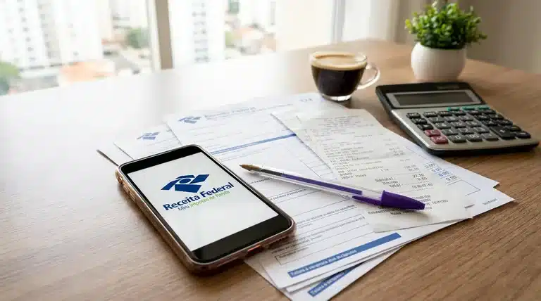 Informe de rendimento - IRPF 2026 aplicativo da Receita Federal em um celular, com documentos e itens de escritório ao fundo, destacando a importância do informe de rendimento.