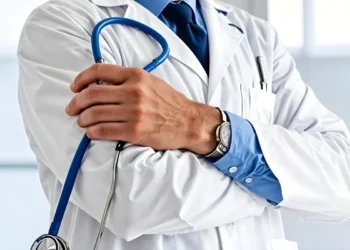 Médico com jaleco branco e estetoscópio azul, simbolizando o programa Mais Médicos Especialistas.