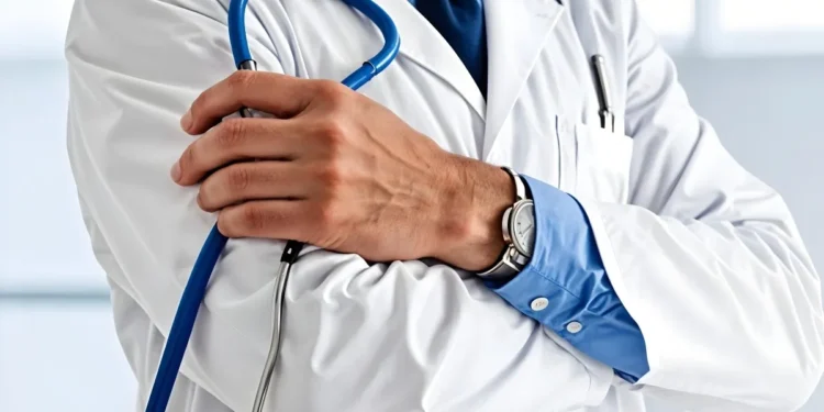 Médico com jaleco branco e estetoscópio azul, simbolizando o programa Mais Médicos Especialistas.