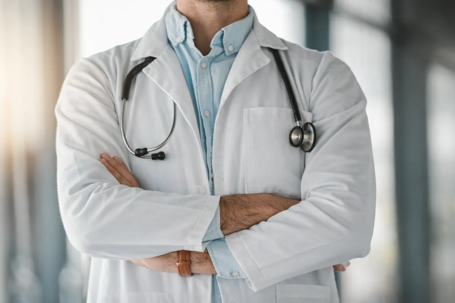 Inscrição para médicos - Programa Mais Médicos Especialistas Médico especialista com estetoscópio, usando jaleco branco, com expressão profissional e postura confiante.