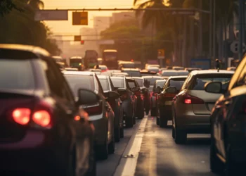 Carros em engarrafamento ao pôr do sol, representando veículos que podem ser isentos do IPVA com a nova regra.