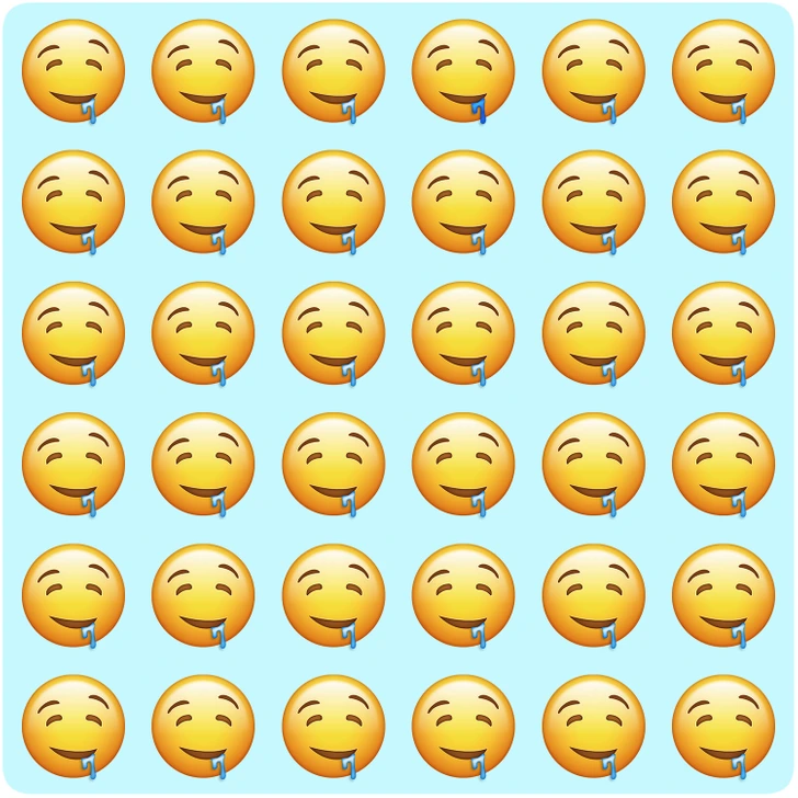 Teste sua atenção: identifique o emoji diferente neste desafio visual de emojis. Jogo dos emojis com diversos emojis de rosto babando alinhados, um deles foge o padrão visível