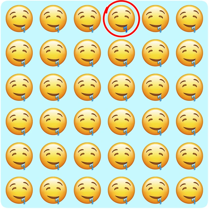 Emojis babando em desafio visual com único diferente Jogo dos emojis com diversos emojis de rosto babando alinhados, um deles foge o padrão visível