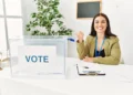 Mesária sorrindo e apontando com o polegar ao lado de uma urna eleitoral nas Eleições de 2026.