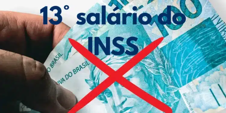 Pessoa segurando notas de dinheiro COM destaque para aviso sobre segurados do INSS que não receberão o décimo terceiro salário em 2026