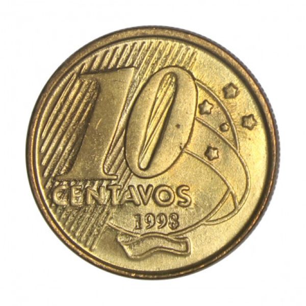 moeda 10 centavos 1998 segunda família real Moeda de 10 centavos de Real do ano 1998 em fundo branco isolado. A peça possui cor dourada (bronze sobre aço), com o número 10 e a palavra "CENTAVOS" em destaque, além da data 1998 na parte inferior.