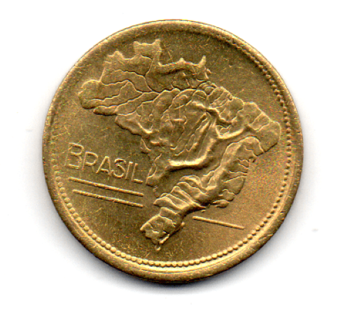 Detalhes de cunhagem e erros raros na moeda de 2 cruzeiros. Verso da moeda de 2 cruzeiros antiga apresentando o mapa do Brasil em relevo, característica das peças cunhadas entre 1942 e 1956.