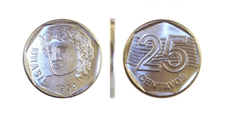Representação completa de uma moeda de 25 centavos de 1994, mostrando anverso (efígie de República), reverso (valor e faixas) e perfil lateral, para identificação de colecionadores.