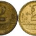 Duas moedas antigas de 2 cruzeiros do ano 1945, feitas de bronze-alumínio, mostrando o valor de face e detalhes da cunhagem original.