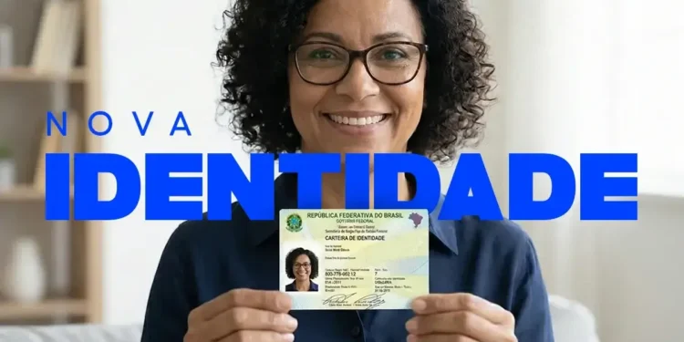Mulher sorrindo enquanto segura sua nova carteira de identidade do Brasil, destacando o novo design.