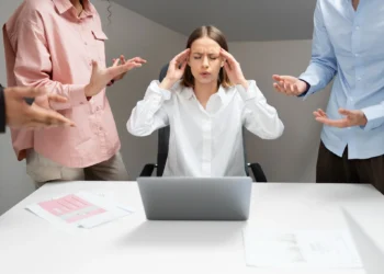 Mulher demonstrando estresse durante uma discussão no ambiente de trabalho, com colegas gesticulando ao redor dela.