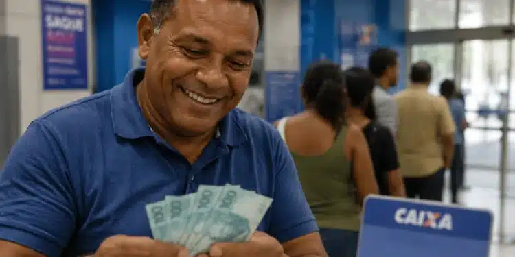Homem segura notas de real em agência bancária, representando o pagamento de até R$ 1.621 do abono PIS/Pasep 2026.