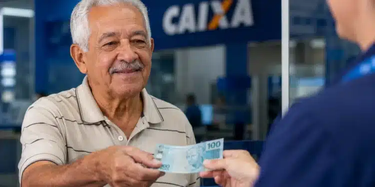 Idoso recebe uma nota de R$ 100 em uma agência bancária, representando os pagamentos de até R$ 8.475,55 do INSS referentes a julho.