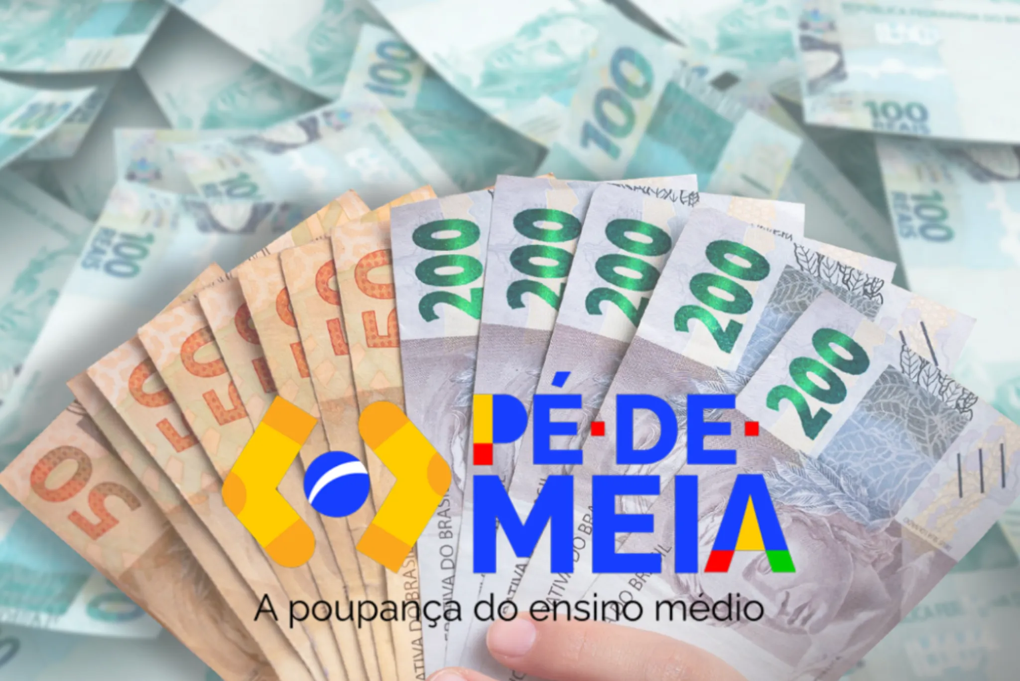 Programa Pé-de-Meia – Pagamento de R$ 1.200 aos estudantes Cédulas de dinheiro com o logo do Pé-de-Meia ilustrando o pagamento de R$ 1.200 do programa para estudantes do ensino médio