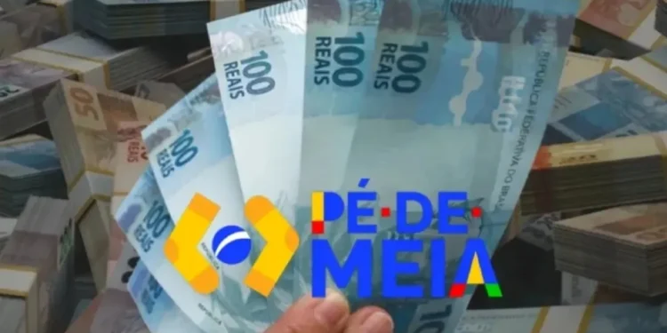Notas de R$ 100 e o logo do programa Pé-de-Meia 2026.