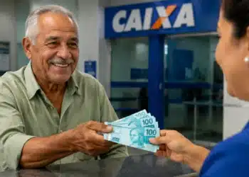 Idoso brasileiro recebendo cédulas de real em agência bancária, representando os pagamentos do INSS nesta semana, entre os dias 27 e 31 de julho.