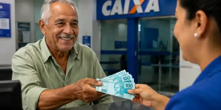 Idoso brasileiro recebendo cédulas de real em agência bancária, representando os pagamentos do INSS nesta semana, entre os dias 27 e 31 de julho.