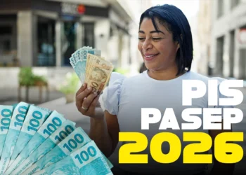 Mulher segurando notas de dinheiro simbolizando pagamento do PIS/Pasep 2026 e consulta ao benefício.