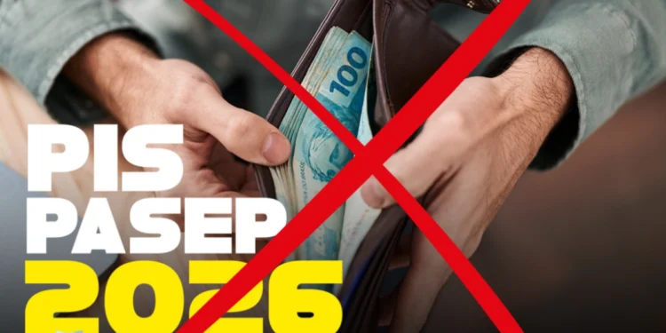 Carteira com notas de cem reais e símbolo de X vermelho representando bloqueio ou atraso no pagamento do PIS/PASEP 2026.