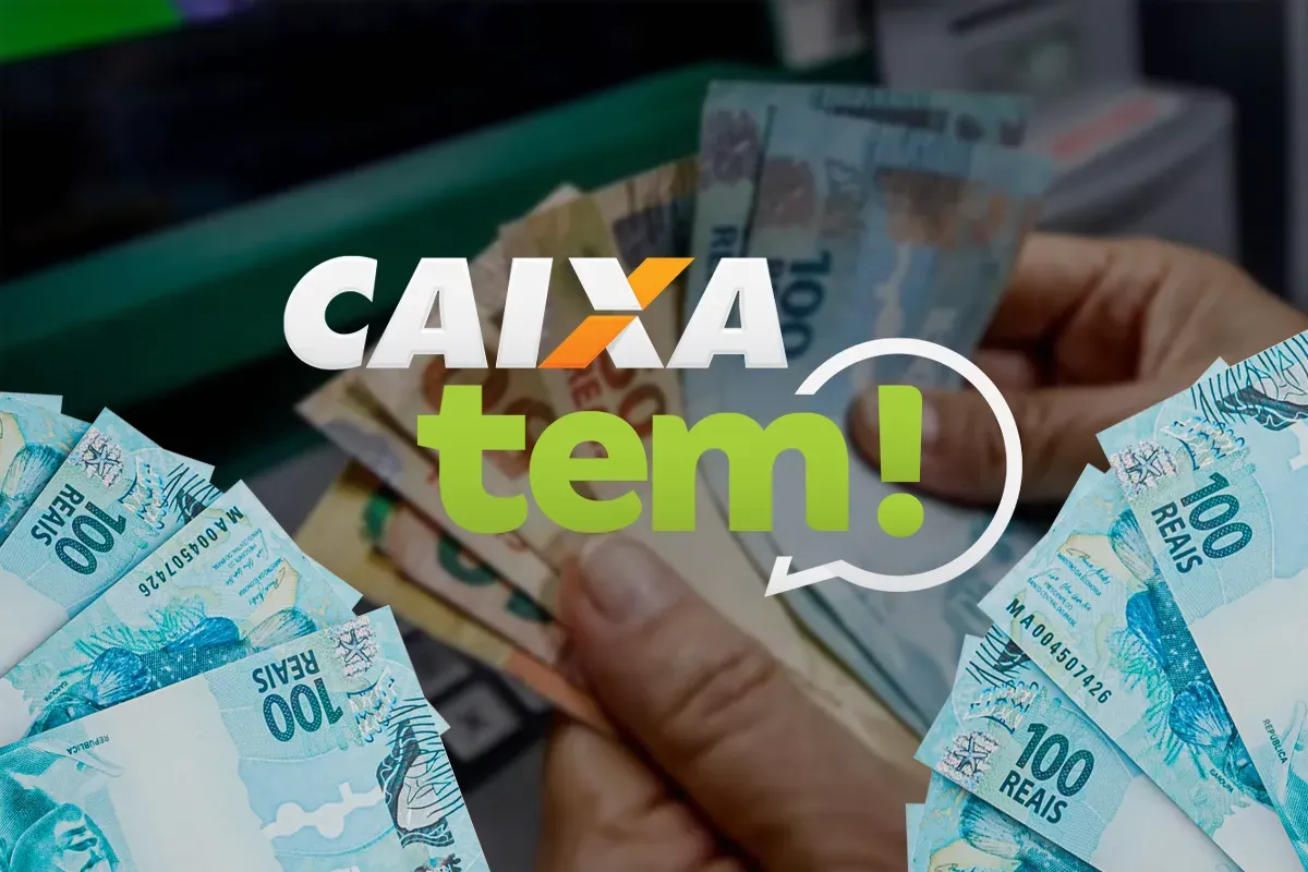 Pagamentos do Caixa Tem: Pix de R$ 750, R$ 800 e R$ 1.000. Dinheiro em notas de R$ 100 com o logo do Caixa Tem, referente aos pagamentos do programa Bolsa Família.