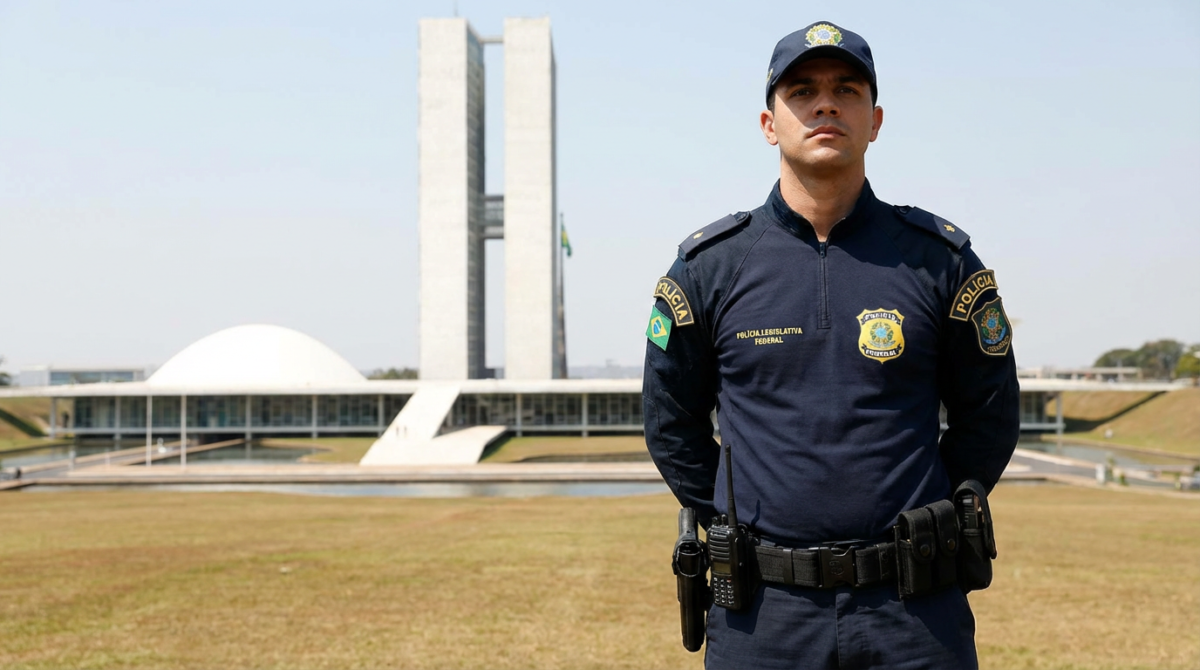 Policial Legislativo Federal Policial legislativo federal de uniforme azul escuro faz guarda diante do Congresso Nacional em Brasília