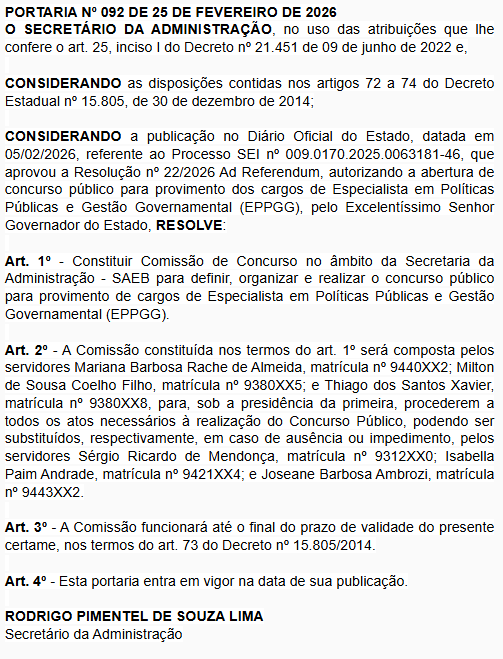 Portaria Concurso Bahia EPPGG Documento oficial com regras e composição da comissão do concurso EPPGG da SAEB
