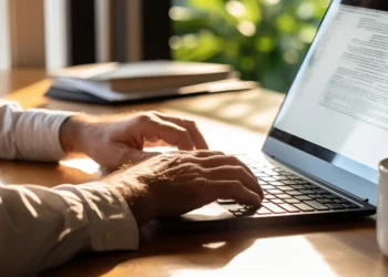Pessoa digitando em notebook em ambiente de trabalho enquanto consulta informações oficiais de edital público.