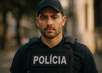 Policial fardado com colete tático e boné em ambiente urbano