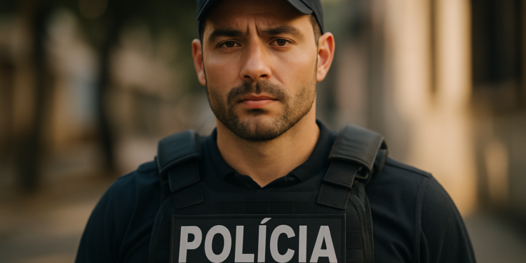 Policial fardado com colete tático e boné em ambiente urbano