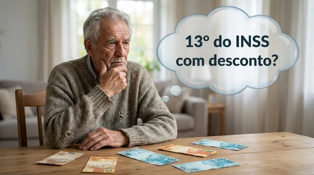 Desconto na primeira parcela do 13º do INSS gera dúvidas em 2026 Idoso pensativo observa cédulas de real sobre a mesa enquanto reflete sobre possíveis descontos na primeira parcela do 13º do INSS em 2026.