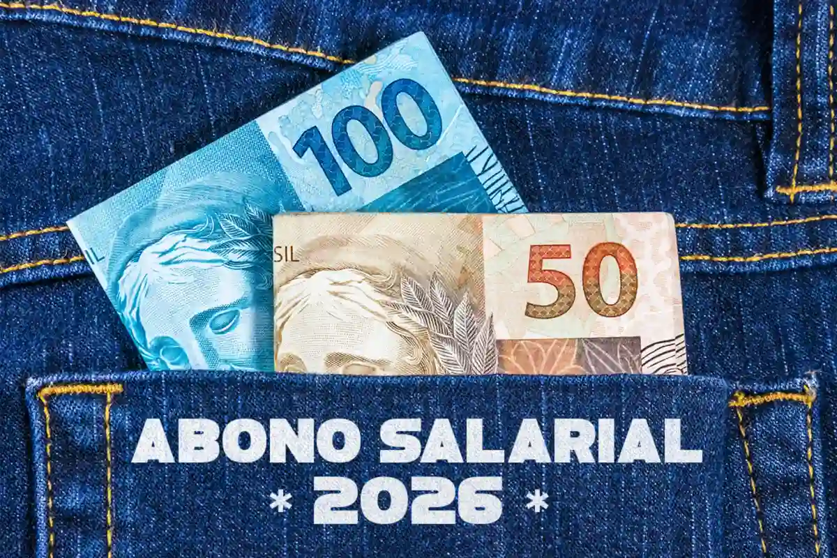 Abono salarial 2026 - Pagamento para trabalhadores nascidos em janeiro Notas de dinheiro (R$100 e R$50) no bolso de jeans, destacando o abono salarial de 2026.