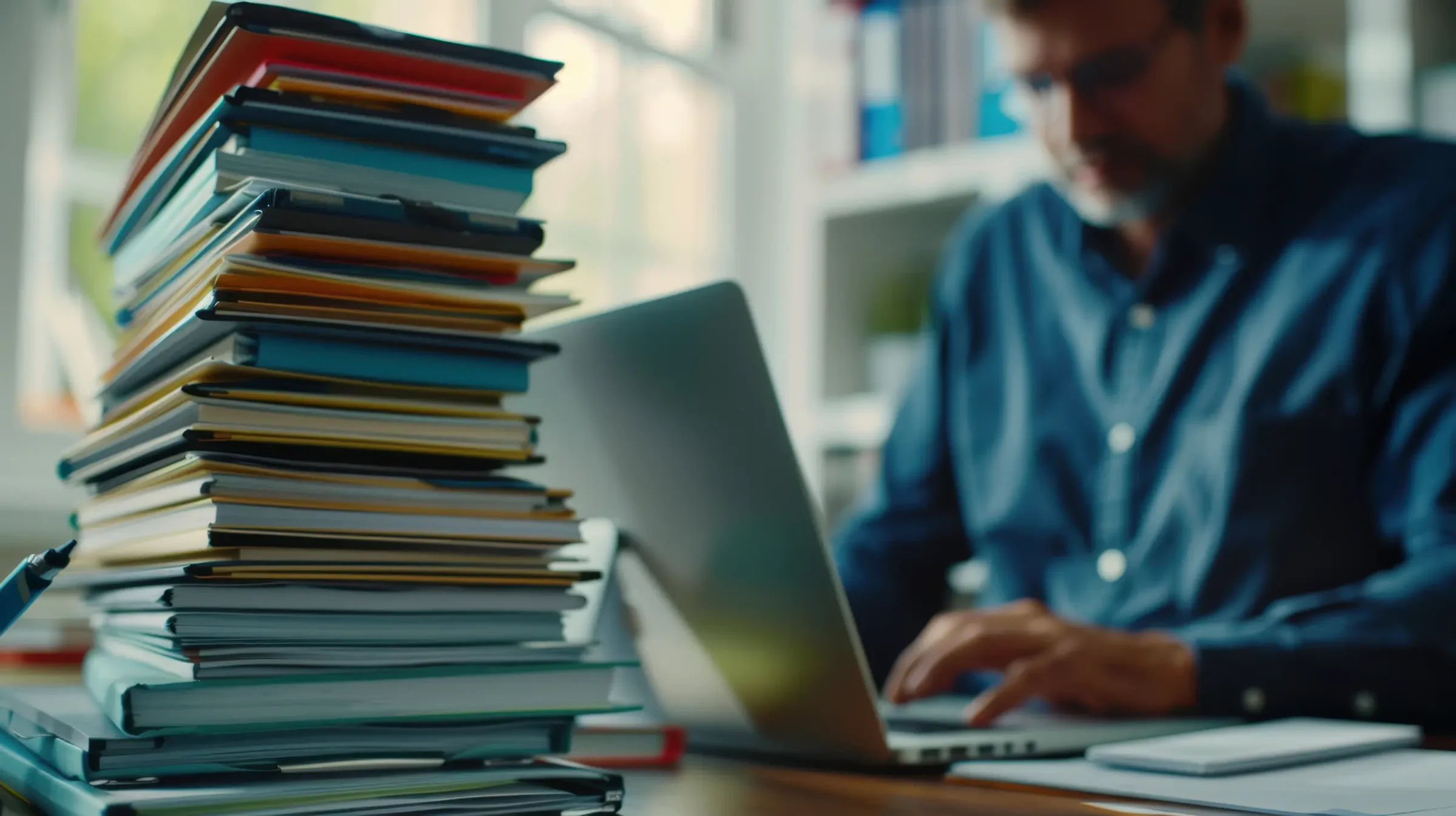 Processo Seletivo - Inscrições Abertas Homem trabalhando no computador, com uma pilha de livros ao lado, simbolizando o processo seletivo e inscrições abertas.