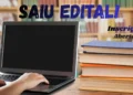 Imagem de um computador e livro sobre uma mesa, com texto destacando o lançamento de edital com mais de 300 vagas e inscrições abertas.
