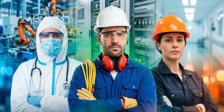 Médico, engenheiro e operária de capacete posando lado a lado em ambiente industrial