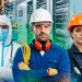 Médico, engenheiro e operária de capacete posando lado a lado em ambiente industrial