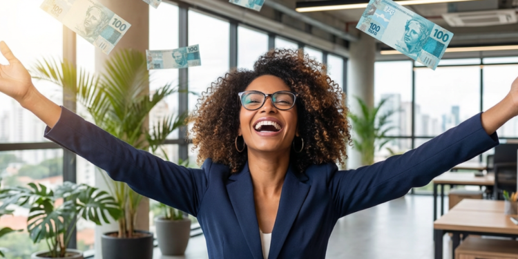 Mulher sorrindo de braços abertos enquanto notas de R$ 100 caem ao seu redor no escritório