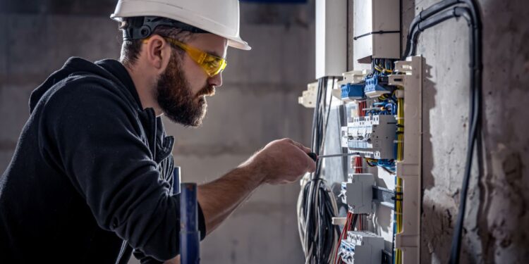 Um eletricista usando capacete branco e óculos de proteção amarelados, focado em conectar fios em um painel elétrico com disjuntores e fiações coloridas.