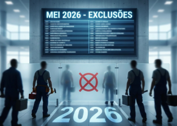 Trabalhadores observam painel com lista de exclusões do MEI em sala corporativa moderna.